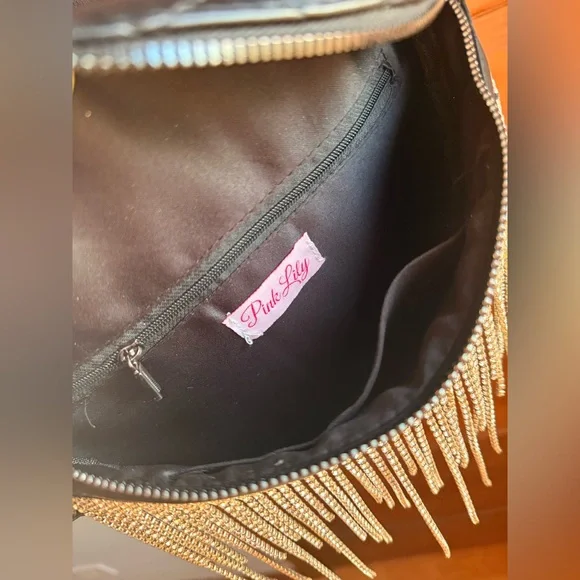 Pink Lily Black Quilted Rhinestone Fringe Belt Bag ✨ - Picture 8 of 8